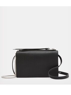 All Saints Fetch Black Leather Crossbody Bag with Chain Strap